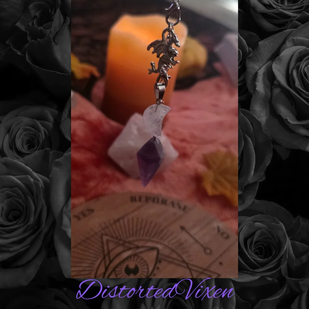 Dragon Amethyst Pendulum Necklace • Clear Quartz Moon • Witch Divination Jewelry